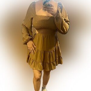 12th tribe rust tan mini dress with puff sleeves